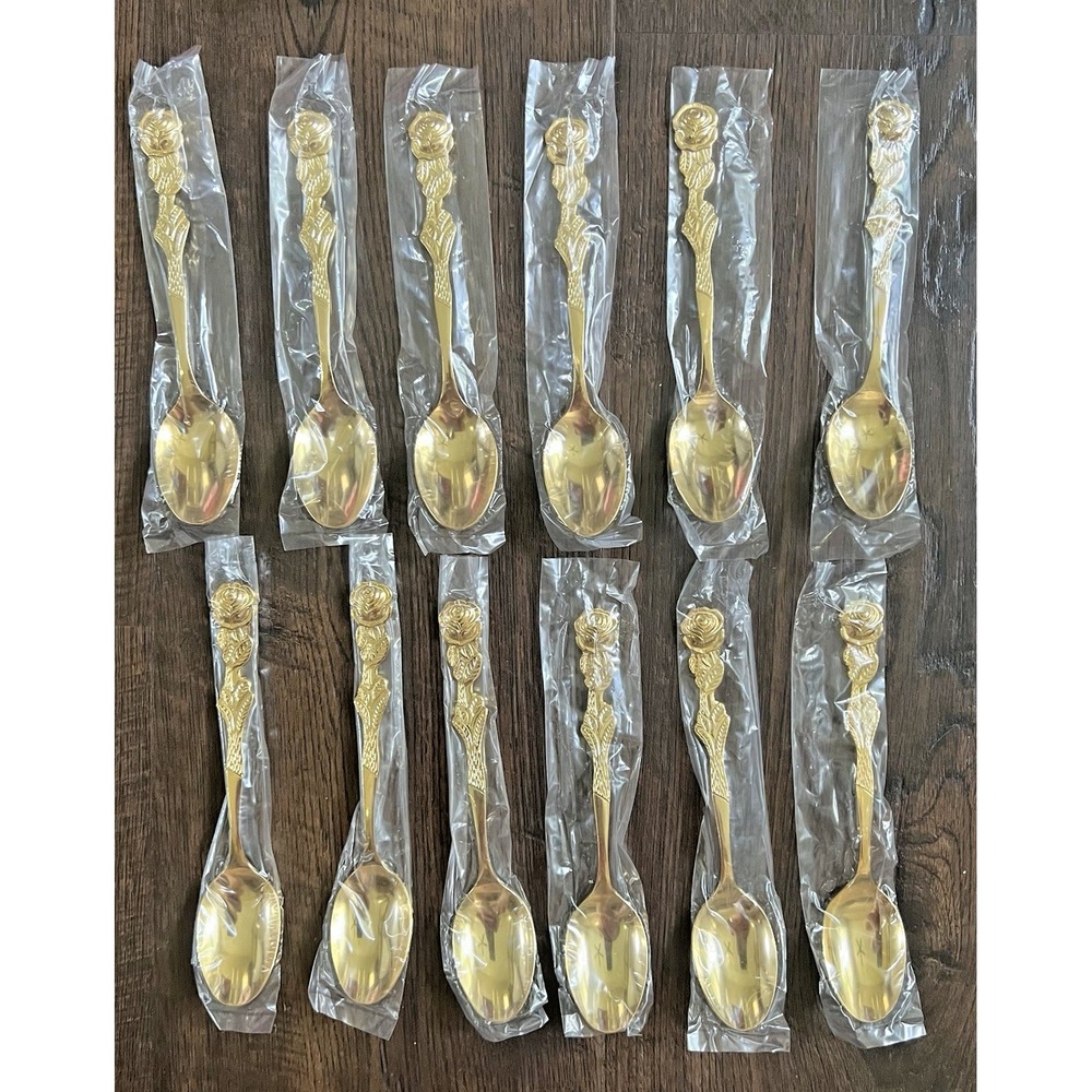 Vintage Flatware Set Gold Plated Romantic Rose Dessert 28 Pc EP SS Japan NOS - Picture 4 of 10